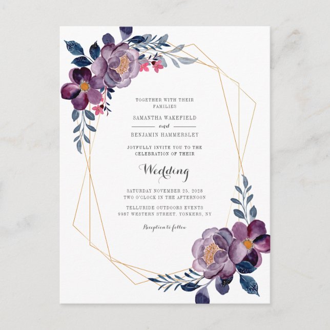 Floral Script Purple Geometric Wedding Invitation Postcard (Front)