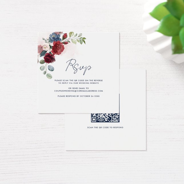 Floral Script QR Code Wedding RSVP Card (Desk)
