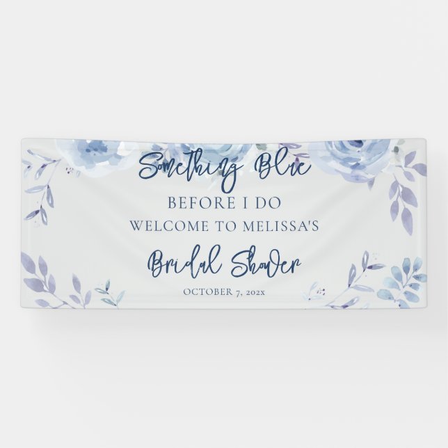 Floral Script Something Blue Bridal Shower Banner (Horizontal)