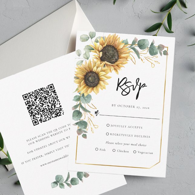 Floral Script Sunflower QR Code Wedding RSVP Card (Floral Sunflower Eucalyptus Greenery Wedding RSVP Card)