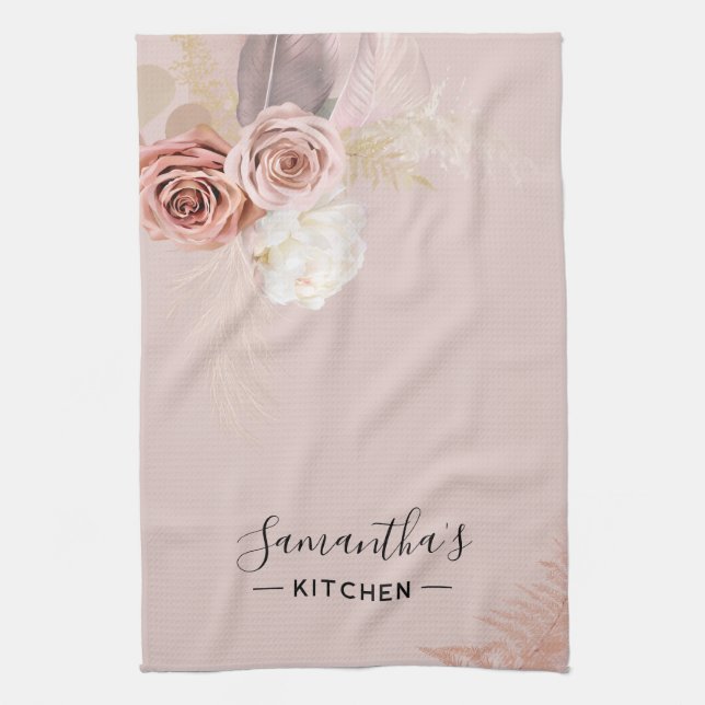 Floral Script Terracotta Personalized Kitchen Towel (Vertical)