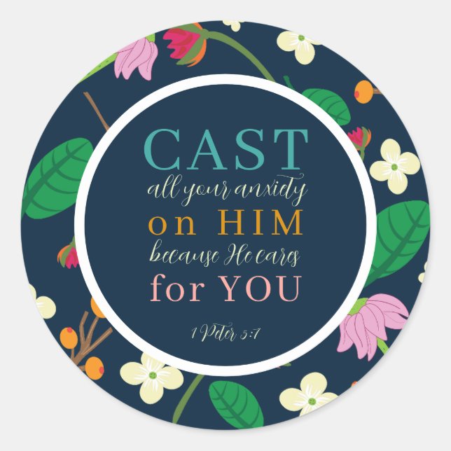 Floral Scripture 1 Peter 5:7  Classic Round Sticker (Front)