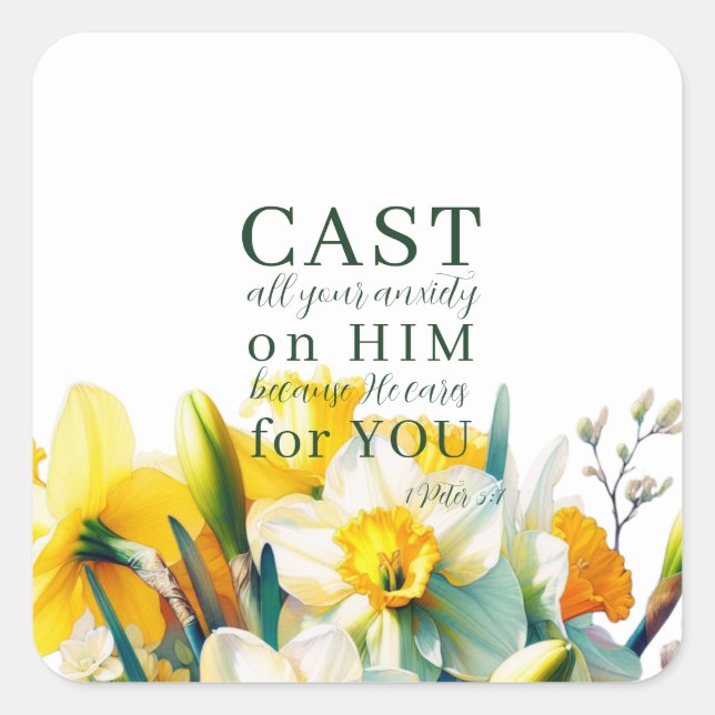 Floral Scripture 1 Peter 5:7   Square Sticker (Front)