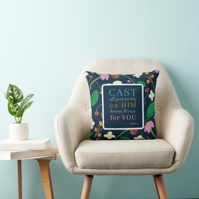 Floral Scripture 1 Peter 5:7  Throw Pillow (Chair)
