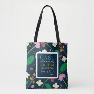 Floral Scripture 1 Peter 5:7 Tote Bag