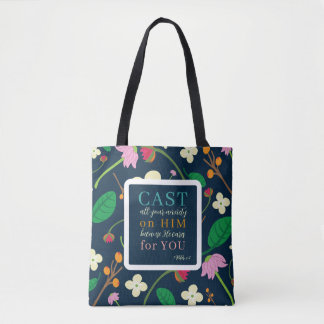 Floral Scripture 1 Peter 5:7 Tote Bag
