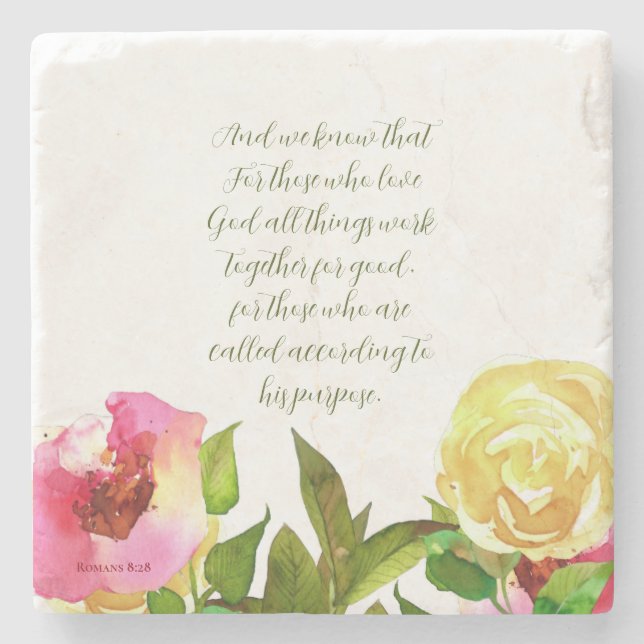 Floral Scripture Romans 8:28  Stone Coaster (Front)