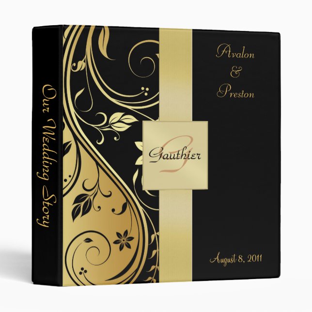 Floral Scroll Gold Monogram Ribbon Binder (Front/Spine)