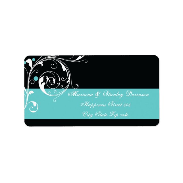 Floral scroll leaf black aqua wedding label (Front)