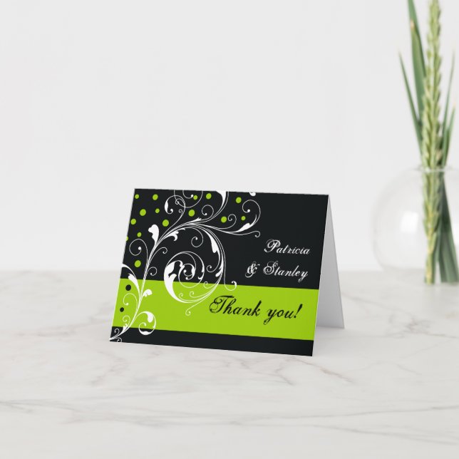 Floral scroll leaf black, green wedding Thank You (Front)