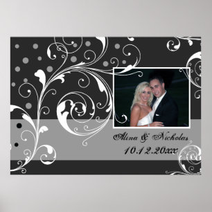Floral scroll leaf black, grey wedding photo poster