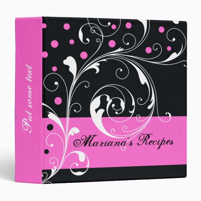 Floral scroll leaf black, hot pink recipe binder (Front/Spine)