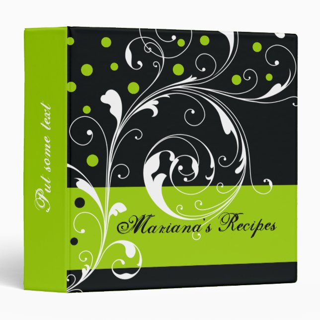 Floral scroll leaf black, lime green recipe binder (Front/Spine)