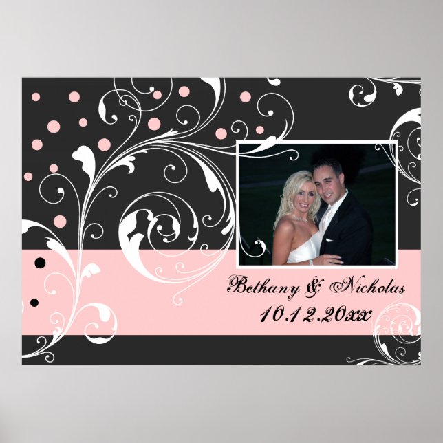 Floral scroll leaf black pale pink wedding photo poster (Front)