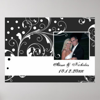 Floral scroll leaf black, white wedding photo poster