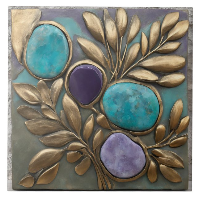 Floral Sculpture in Turquoise, Gold and purple Tile (Front)