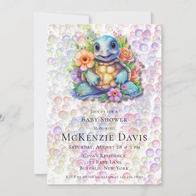 Floral Sea Turtle Bubbles Baby Shower Invitation (Front)