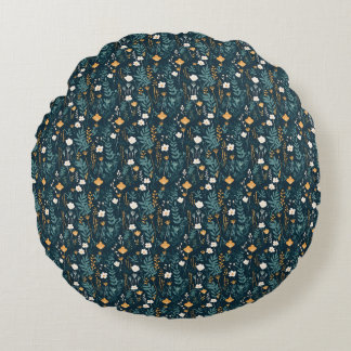 Floral Seamless In Blue, Yellow, and Orange Round Pillow
