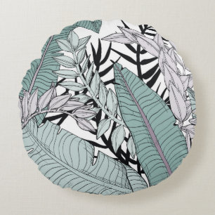 Floral seamless leaves pattern with tropical plant round pillow