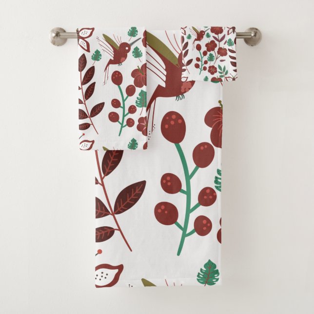 Floral seamless pattern birds and butterflies bath towel set (Insitu)