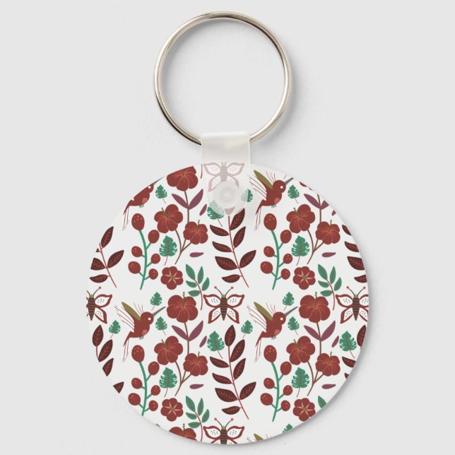 Floral seamless pattern birds and butterflies keychain (Front)