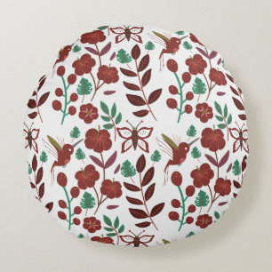 Floral seamless pattern birds and butterflies round pillow