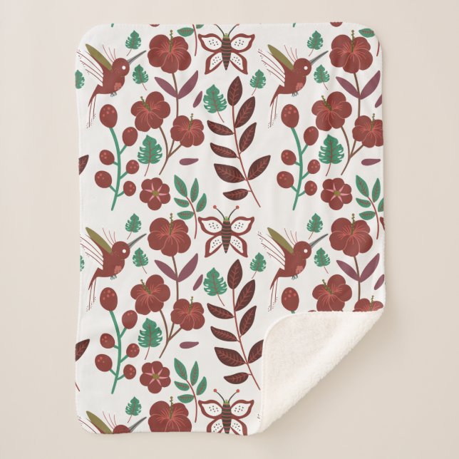 Floral seamless pattern birds and butterflies sherpa blanket (Front)