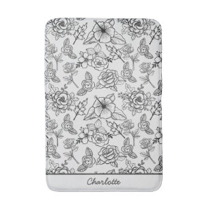 Floral seamless pattern black & white personalized bath mat