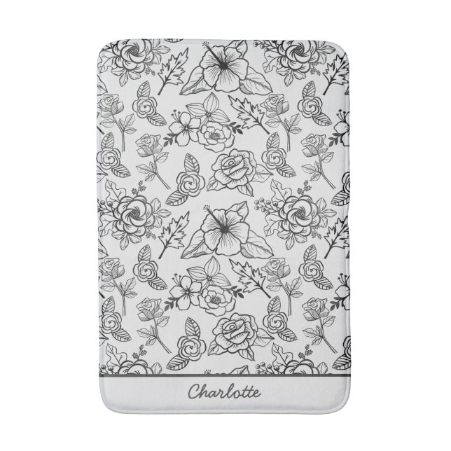 Floral seamless pattern black & white personalized bath mat (Front Vertical)