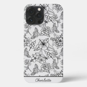 Floral seamless pattern black & white personalized iPhone 13 pro max case