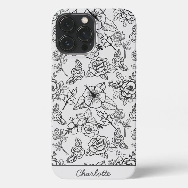 Floral seamless pattern black & white personalized iPhone case (Back)