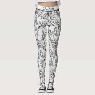 Floral seamless pattern black & white personalized leggings