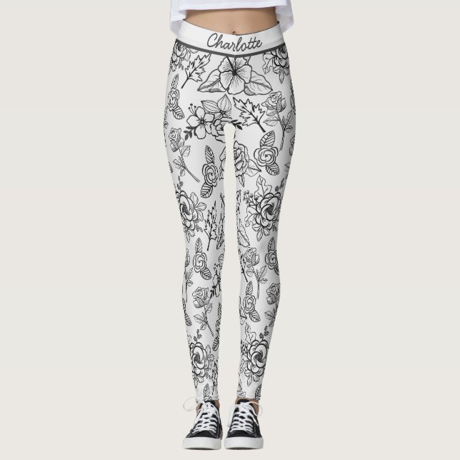 Floral seamless pattern black & white personalized leggings (Front)