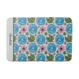Floral seamless pattern blue & pink personalized bath mat