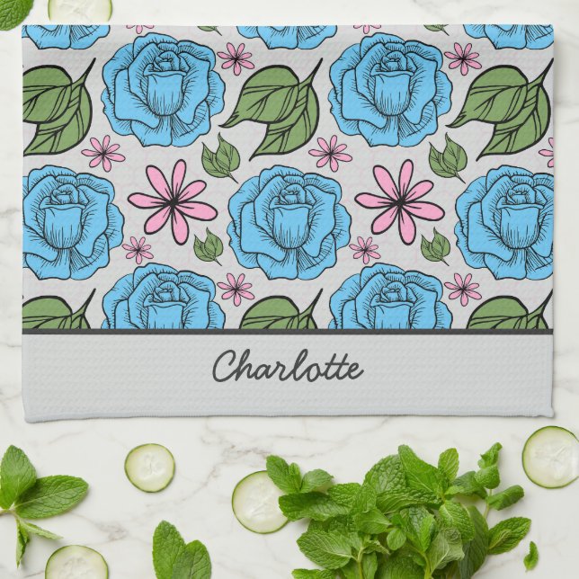 Floral seamless pattern blue & pink personalized  kitchen towel (Folded)