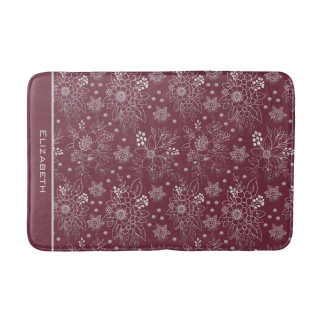 Floral seamless pattern burgundy personalized name bath mat (Front)