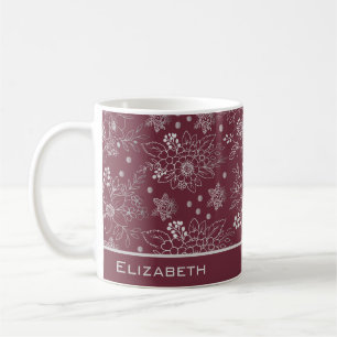 Floral seamless pattern burgundy personalized name coffee mug