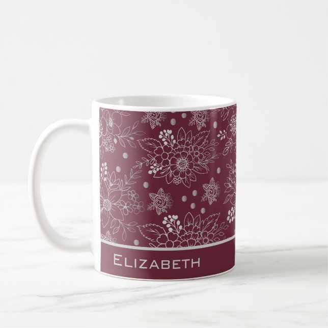 Floral seamless pattern burgundy personalized name coffee mug (Left)
