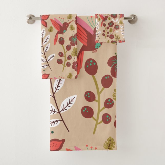 Floral seamless pattern flowers, birds, butterfly bath towel set (Insitu)