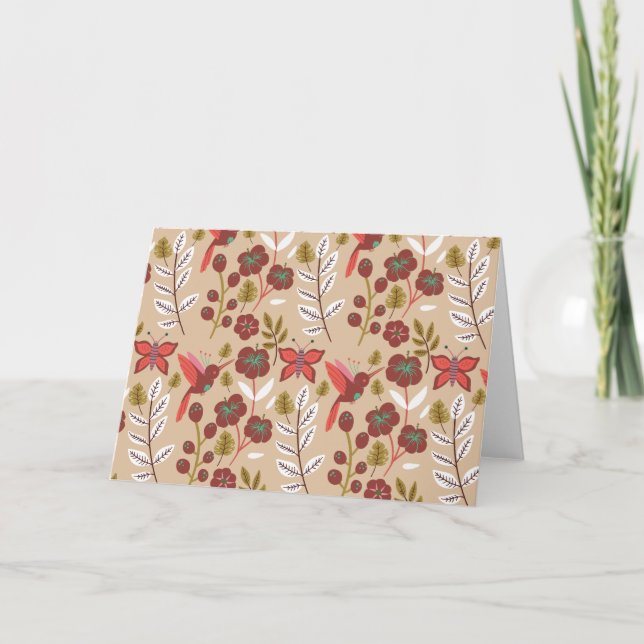 Floral seamless pattern flowers, birds, butterfly card (Front)