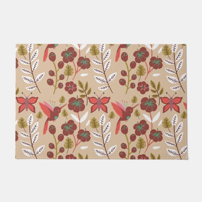 Floral seamless pattern flowers, birds, butterfly doormat (Front)