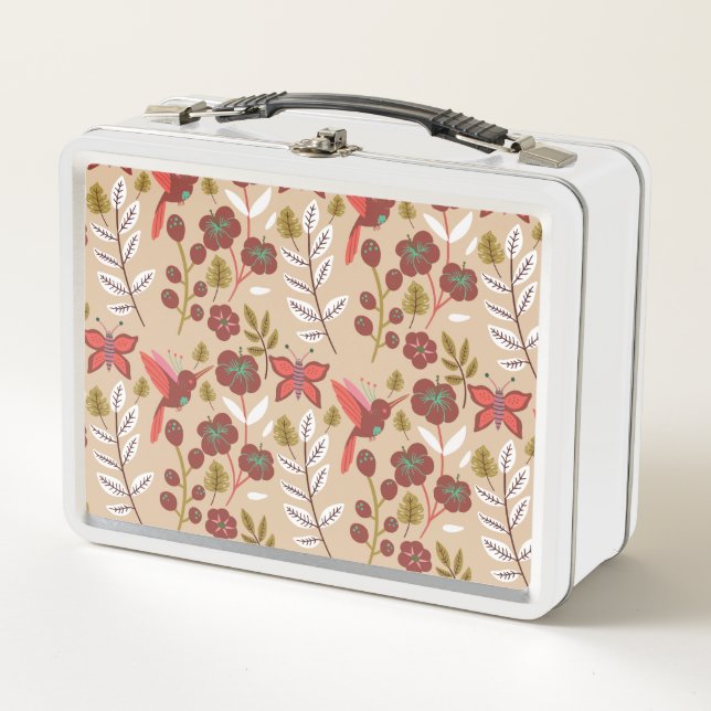 Floral seamless pattern flowers, birds, butterfly metal lunch box (Front)