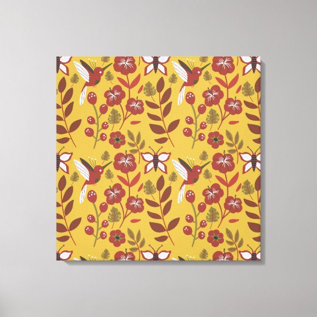 Floral seamless pattern flowers, butterfly, red canvas print (Front)