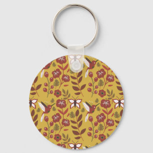 Floral seamless pattern flowers, butterfly, red keychain