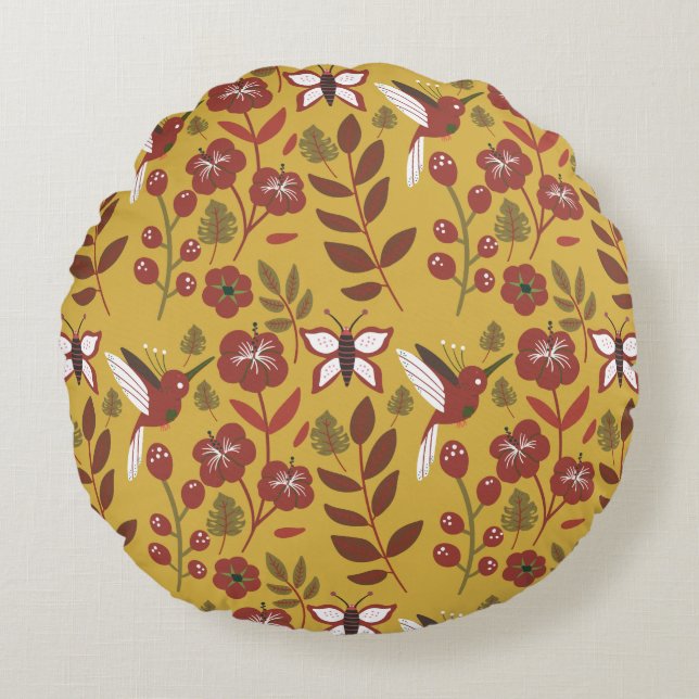 Floral seamless pattern flowers, butterfly, red round pillow (Front)