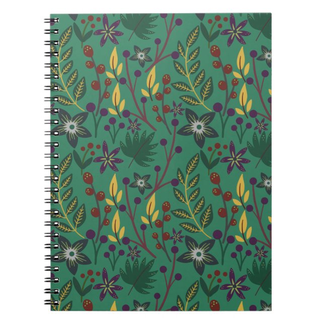 Floral seamless pattern flowers green background notebook (Front)
