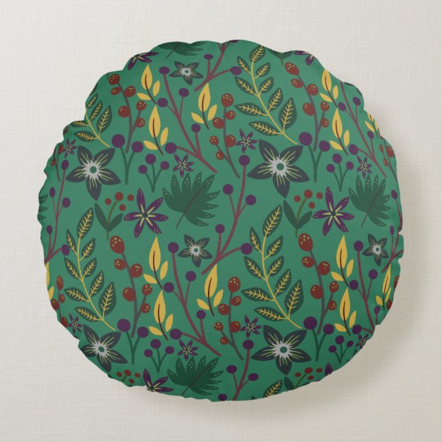 Floral seamless pattern flowers green background round pillow (Front)