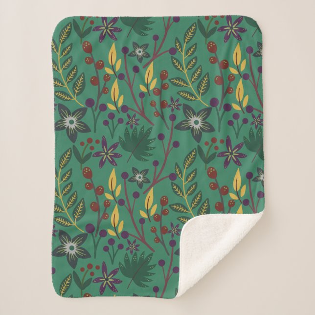 Floral seamless pattern flowers green background sherpa blanket (Front)