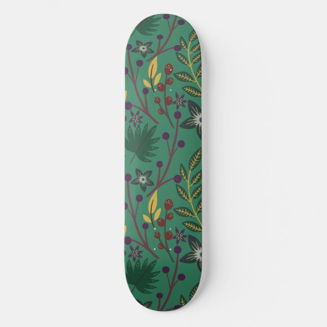 Floral seamless pattern flowers green background skateboard (Front)