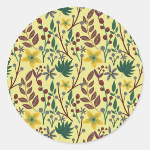 Floral seamless pattern flowers, leaves, branches classic round sticker